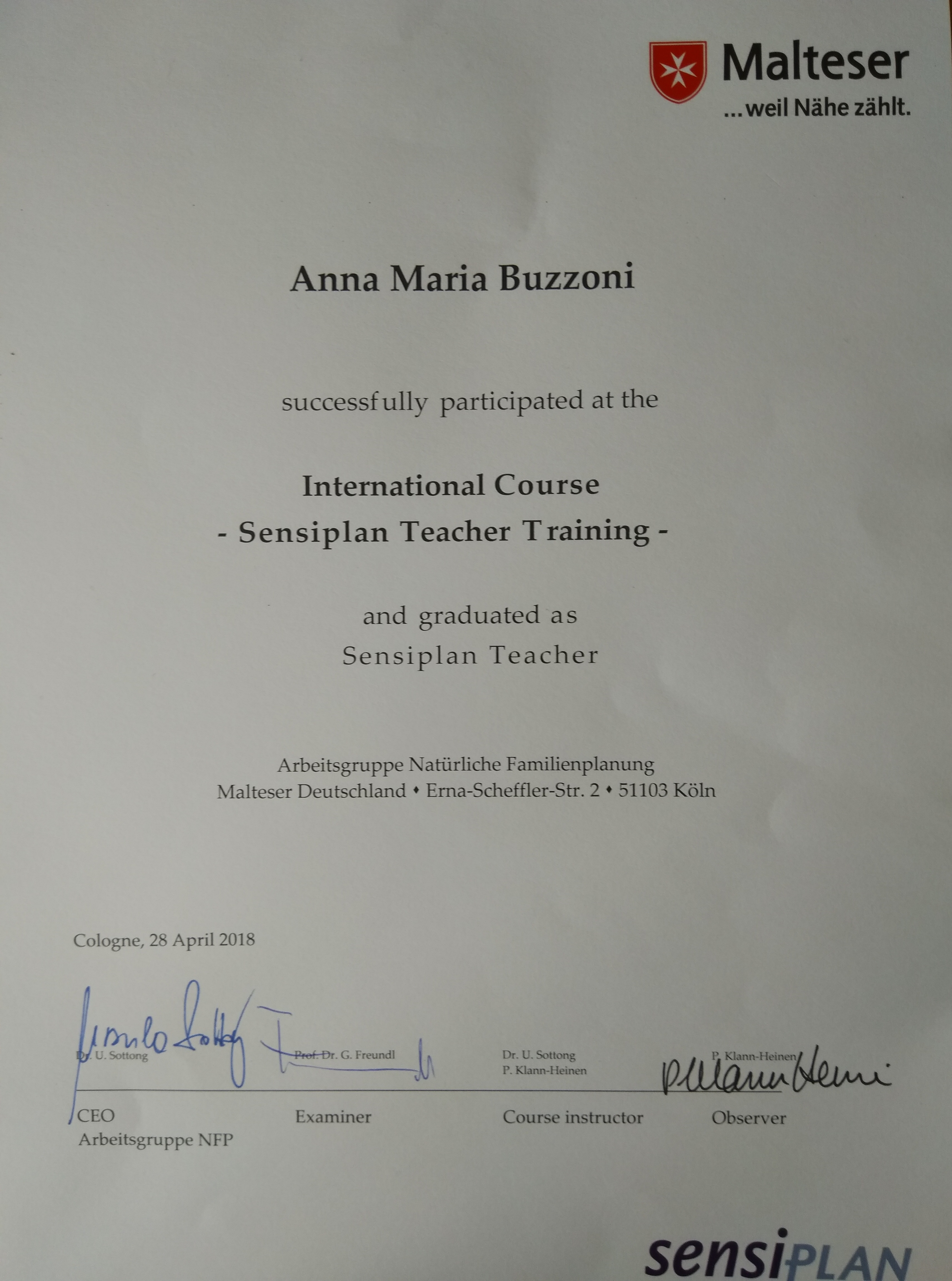 Sensiplan certificate Anna